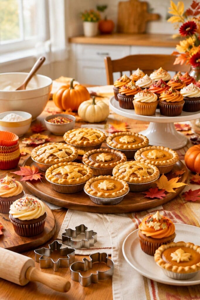 20 Kids Friendsgiving Party Ideas for Easy Hosting 5 A tablr with mini pies and cupcakes at a Thanksgiving baking party.