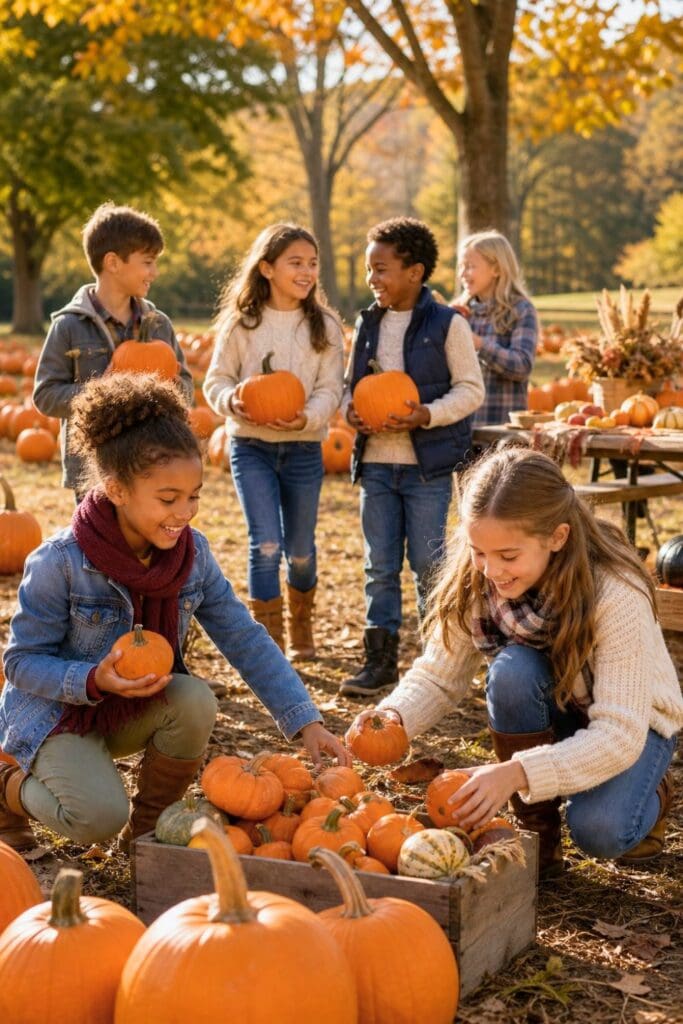 20 Kids Friendsgiving Party Ideas for Easy Hosting 8 Children play and choose pumpkins together at a sunny autumn pumpkin patch.