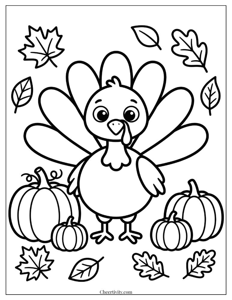 Simple Thanksgiving turkey coloring page for toddlers with bold outlines and large shapes
