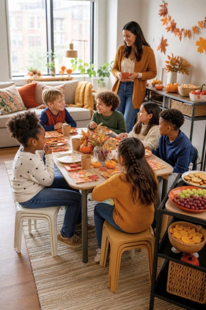 20 Kids Friendsgiving Party Ideas for Easy Hosting 21 Children gather around a decorated table at a cozy Friendsgiving party in a small home.