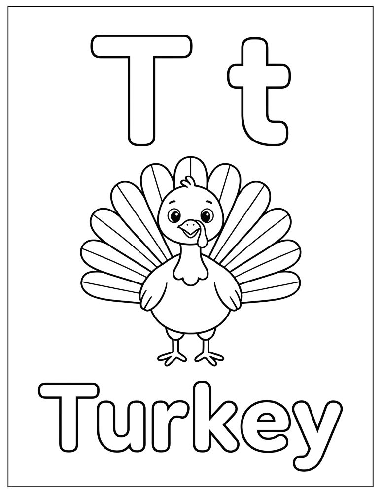 T is for Turkey alphabet coloring page with uppercase T, lowercase t, a cute turkey, and the word Turkey