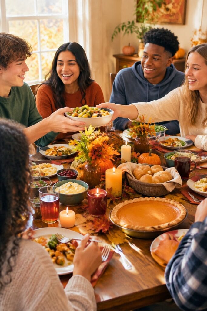 A diverse group of teenagers sharing a festive Friendsgiving meal and enjoying autumn decorations together.