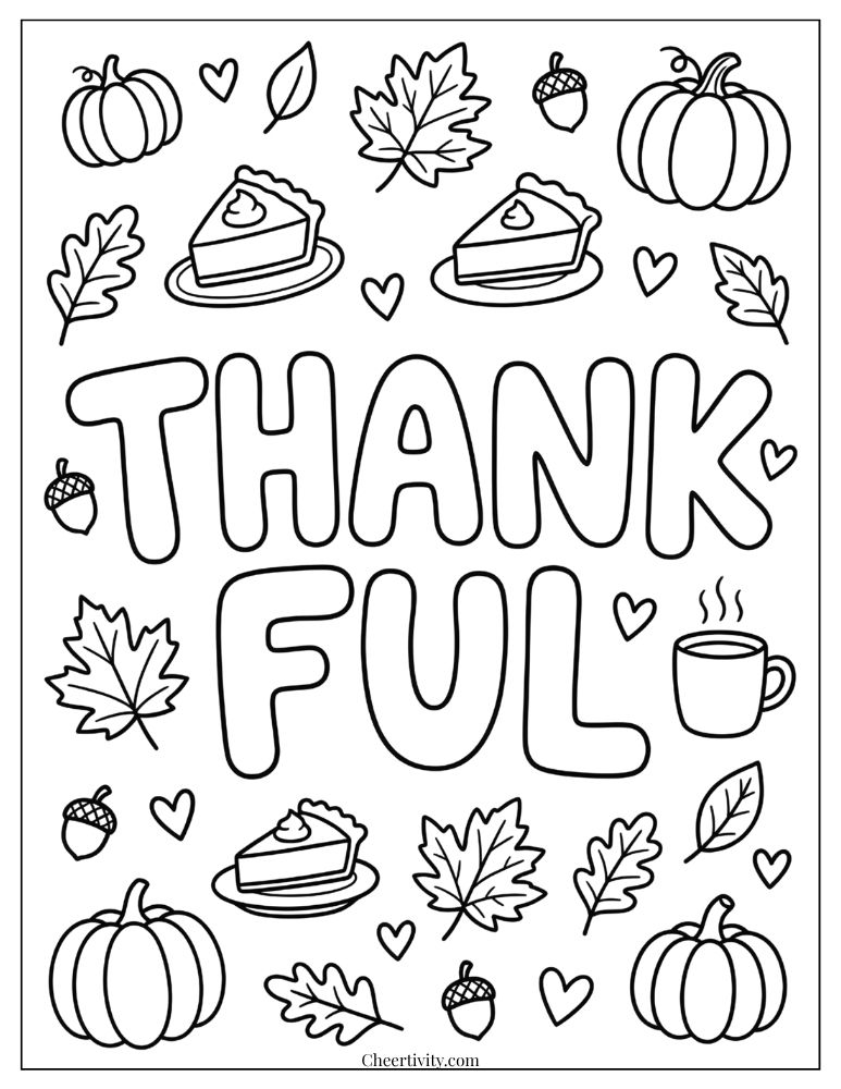 Thankful coloring page with large bubble letters and cute Thanksgiving doodles