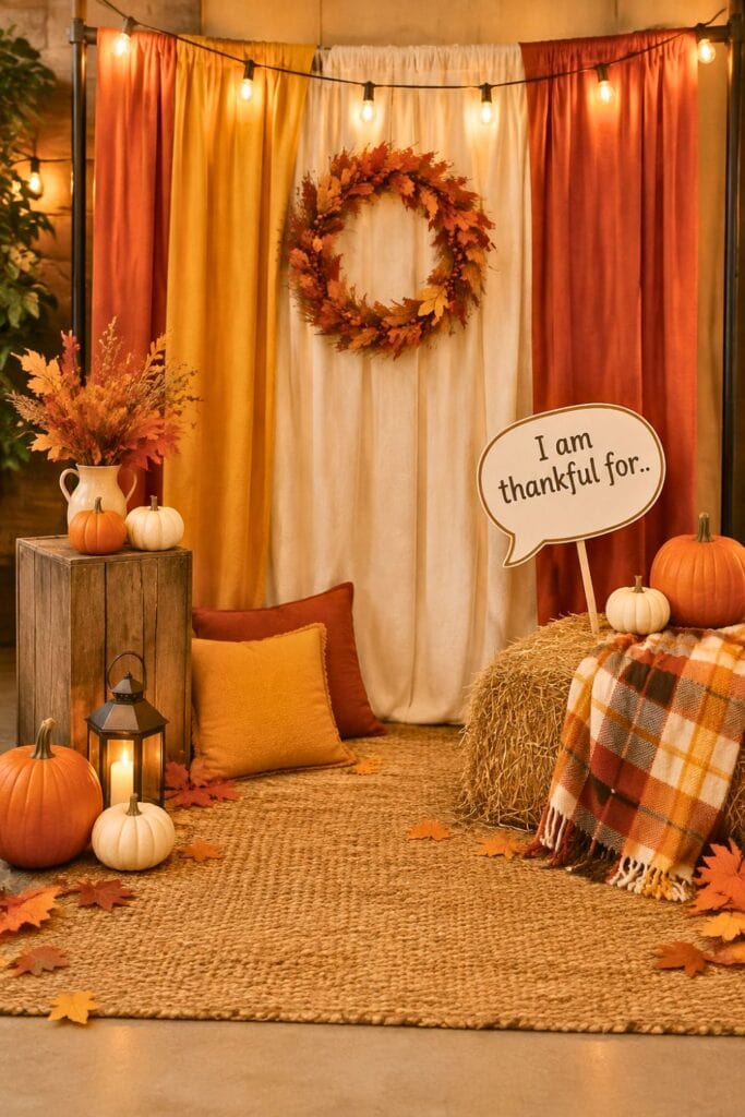 A phone booth setup for a Friendsgiving party for teens with a fall-themed backdrop, a few Autumn props and ambient lighting.