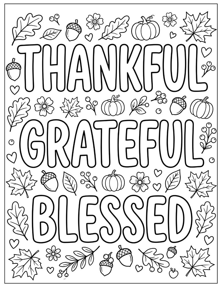 Thankful Grateful Blessed coloring page with bubble letters and autumn decorations