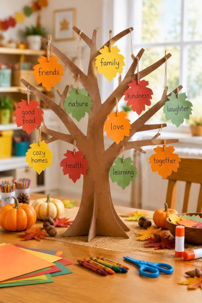 20 Kids Friendsgiving Party Ideas for Easy Hosting 7 a paper Thankful Tree at a festive autumn craft party.