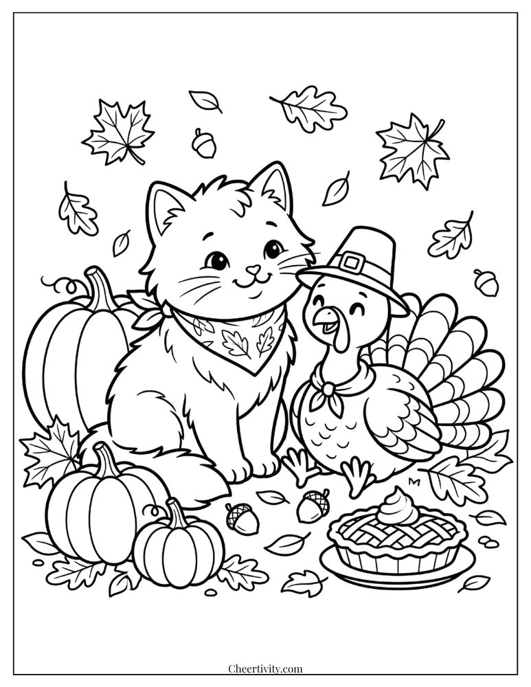 Cute Thanksgiving cat coloring page surrounded by pumpkins and autumn decorations