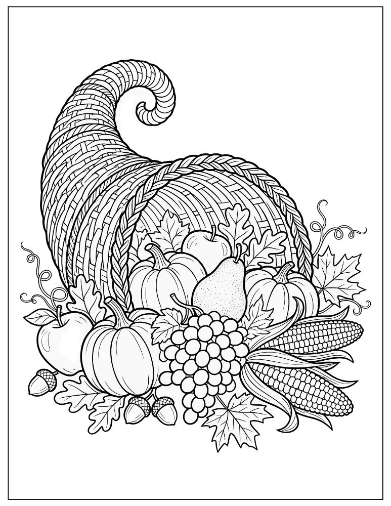 Thanksgiving cornucopia coloring page filled with pumpkins, fruit, corn, and autumn leaves