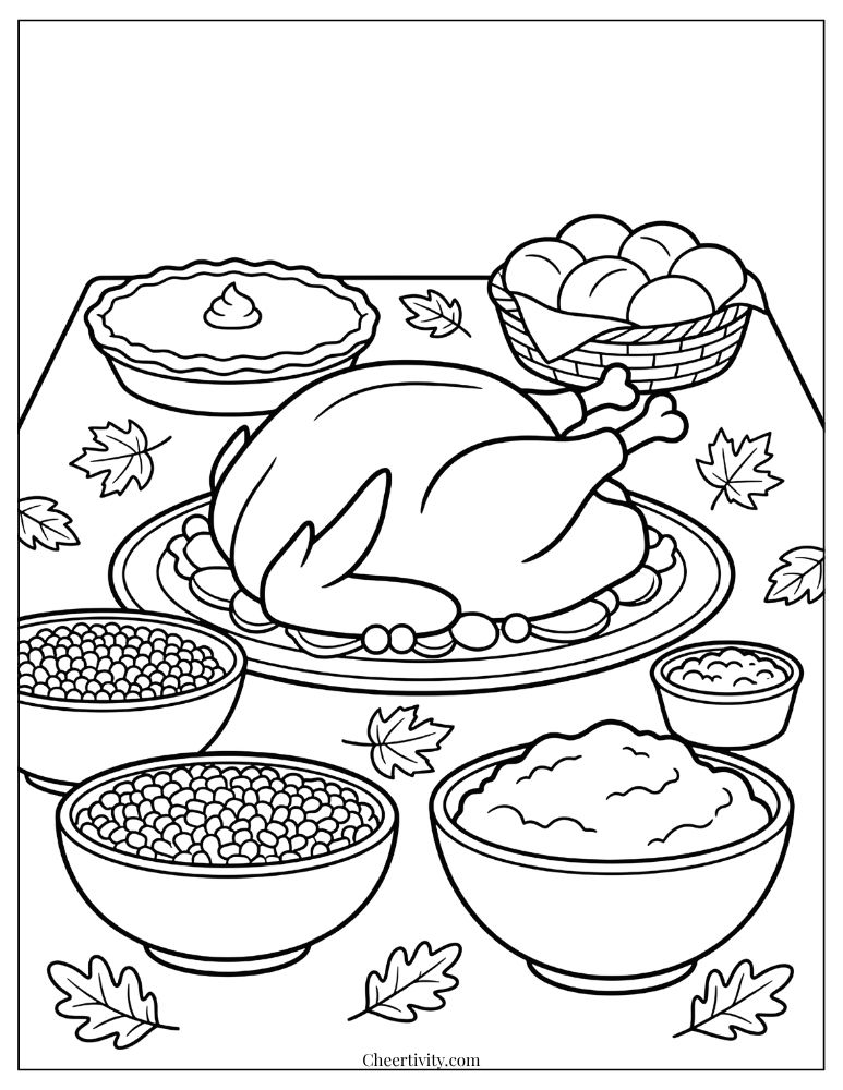 Thanksgiving food coloring page featuring a festive table filled with holiday dishes