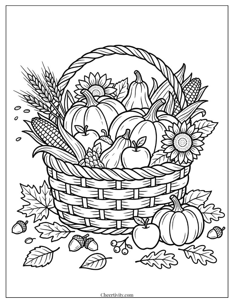 Thanksgiving harvest coloring page with pumpkins, autumn leaves and seasonal produce