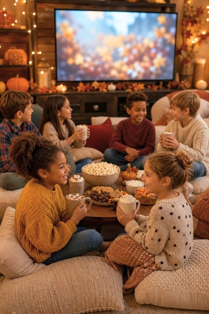 20 Kids Friendsgiving Party Ideas for Easy Hosting 10 Children gather in a cozy living room for a Thanksgiving movie and hot cocoa party.