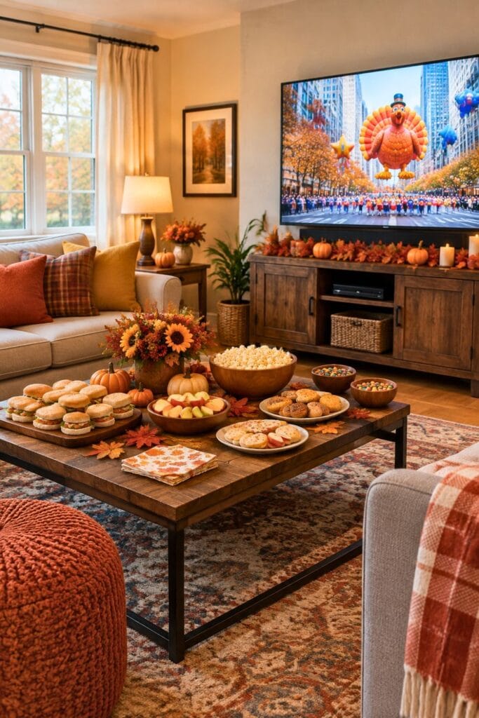 20 Kids Friendsgiving Party Ideas for Easy Hosting 18 Living setup with snacks and autumn decorations with a Thanksgiving parade on a TV screen.