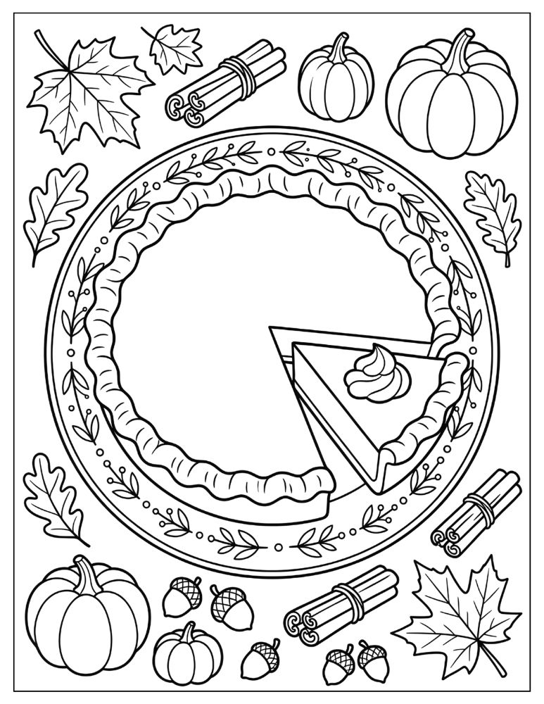 Thanksgiving pie coloring page with autumn leaves, acorns and seasonal decorations