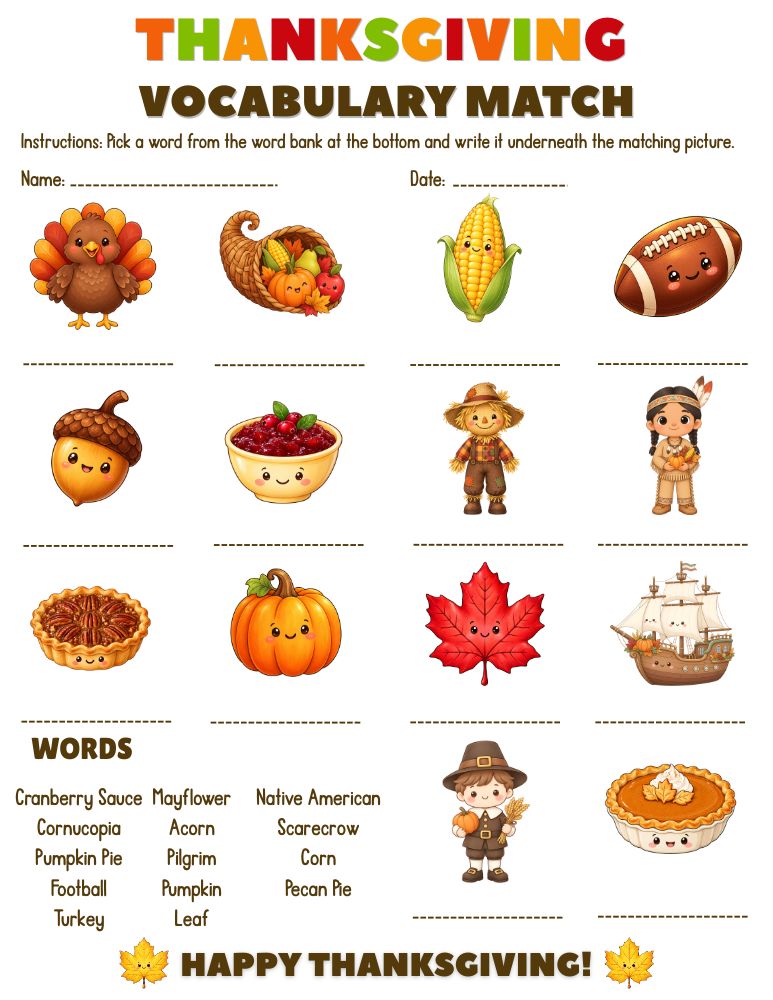 Free Printable Thanksgiving Vocabulary Matching Worksheets 1 Thanksgiving Vocabulary Match 1