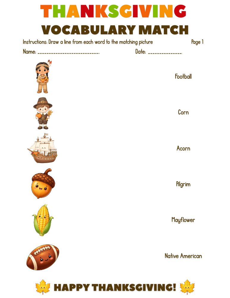 Free Printable Thanksgiving Vocabulary Matching Worksheets 2 Thanksgiving Vocabulary Match 2 page 1