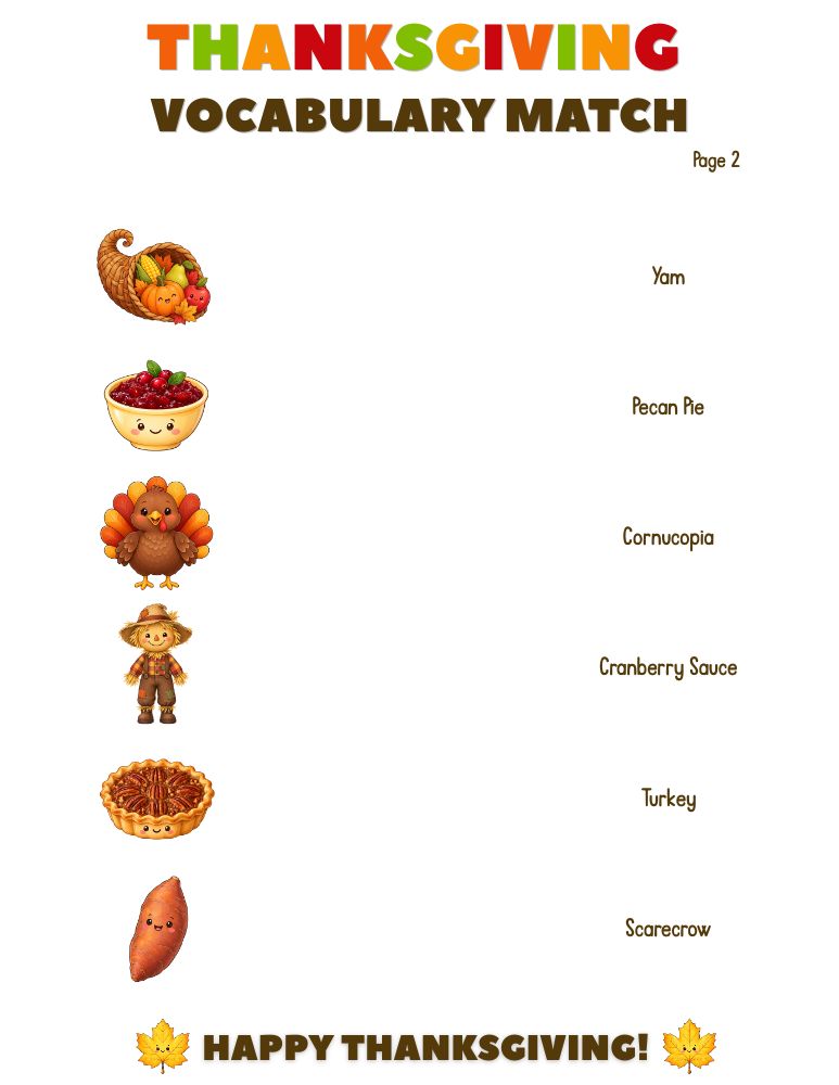 Free Printable Thanksgiving Vocabulary Matching Worksheets 3 Thanksgiving Vocabulary Match 2 page 2