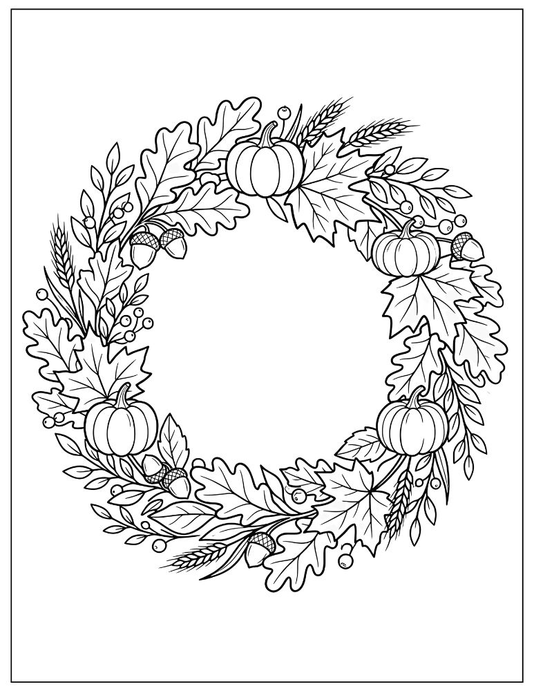 Thanksgiving wreath coloring page decorated with autumn leaves, pumpkins, acorns, and berries