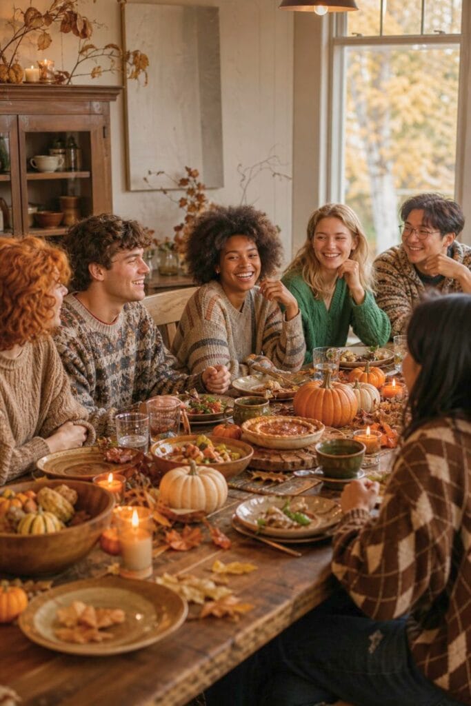 A group of friends wearing cozy sweaters gathers around a table for a festive autumn dinner.