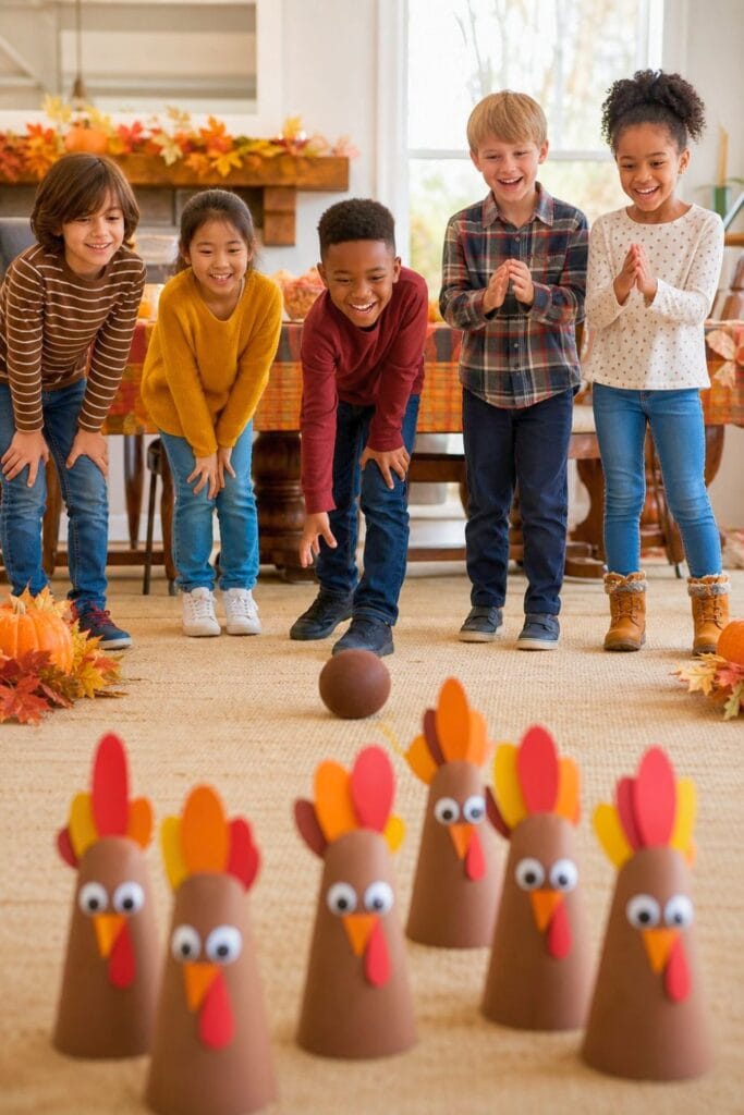20 Kids Friendsgiving Party Ideas for Easy Hosting 9 Children laugh and take turns bowling at colorful turkey-shaped pins during a fall-themed Friendsgiving party.