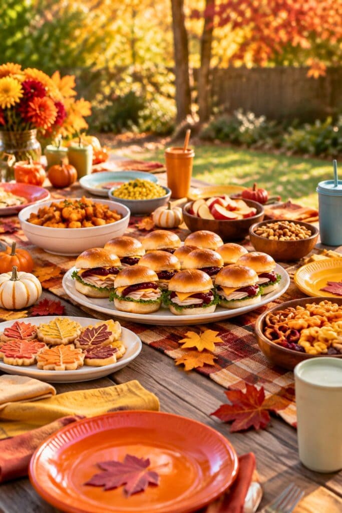 20 Kids Friendsgiving Party Ideas for Easy Hosting 2 turkey sliders and fall-themed food at an outdoor Friendsgiving gathering.