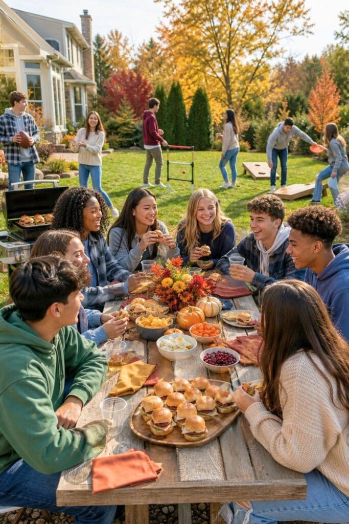 Teen friends enjoy turkey sliders and backyard games at an autumn Friendsgiving gathering.
